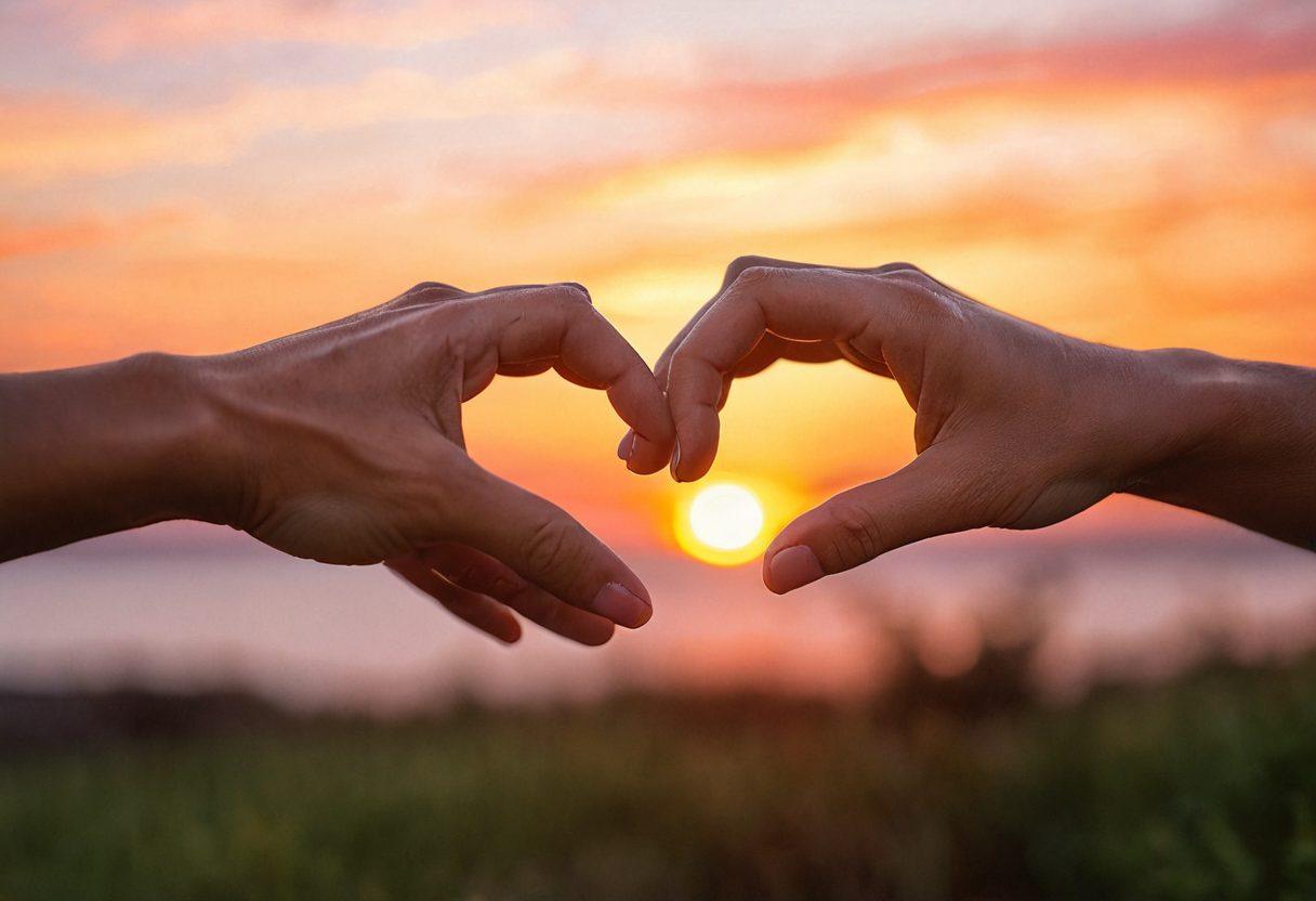 A close-up of intertwined hands over a softly blurred background of a sunset, symbolizing love and connection. Gentle heart motifs softly glowing around the hands, merging with warm color tones of oranges and pinks. Subtle visual metaphors like birds or butterflies in flight to represent freedom and growth in relationships. super-realistic. vibrant colors. soft focus.