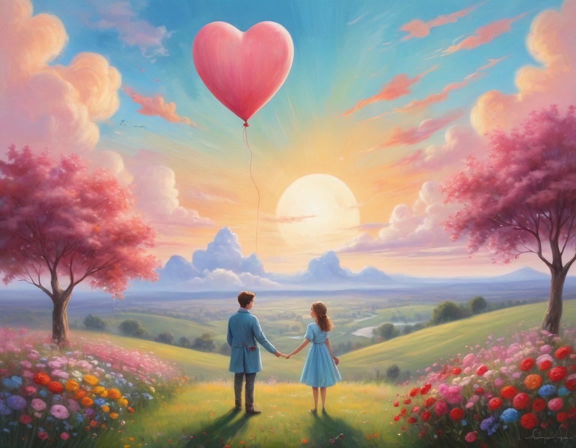 A whimsical scene depicting two shy characters standing near a heart-shaped balloon, exchanging glances filled with nervous excitement. The background is a dreamy landscape with soft pastel colors, showcasing gentle clouds and blooming flowers, symbolizing growth in romance. Elements like books on love and scattered petals add a thoughtful touch. The atmosphere should feel light-hearted and romantic. vibrant colors. painting.