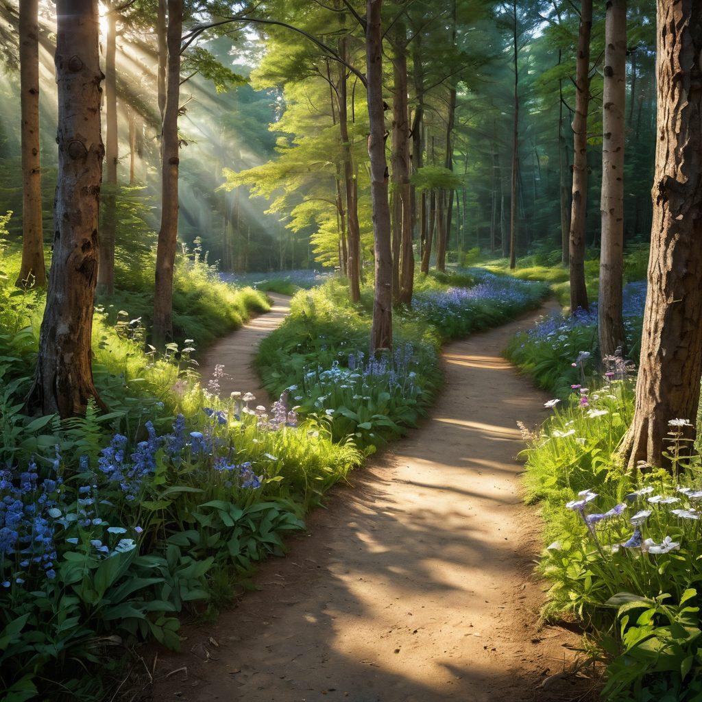 A serene path winding through a lush, tranquil forest, symbolizing the journey from unease to adoration. Soft, warm light filtering through the trees, casting gentle shadows on vibrant wildflowers along the path. Include symbols of connection like intertwined hands, hearts, and butterflies fluttering around. Pair this serene landscape with a calm, reflective atmosphere to signify meaningful relationships. super-realistic. vibrant colors. soft focus.